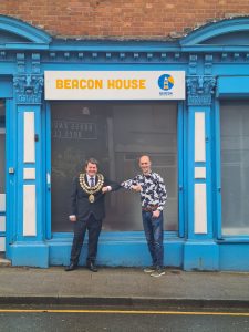 Cllr Dean Fitzpatrick as Mayor of Stockport 2020-21 with Beacon CEO, James, Harper