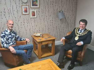 Cllr Dean Fitzpatrick as Mayor of Stockport 2020-21 with Beacon CEO, James, Harper